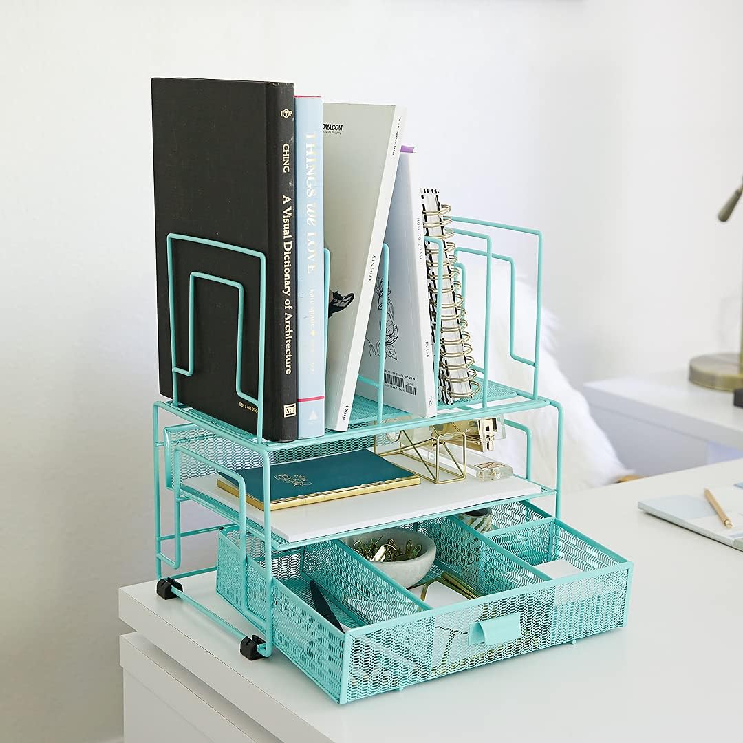 BLU MONACO Workspace Rose Gold Desk Organizers and Storage Accessories Desktop Rack File Organizer with File sorters and Drawer for Office Supplies, Paper, Device and Folder - Image 4
